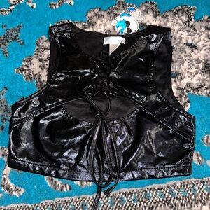 I Heart Raves Black Faux Leather Tie Crop Top